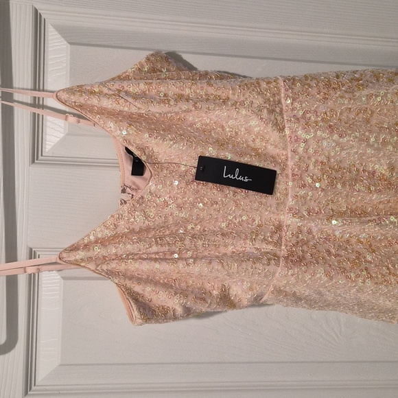 Lulus Sparkling Attitude Iridescent Pink Sequin Tiered Mini Dress - Size L - Picture 3 of 4